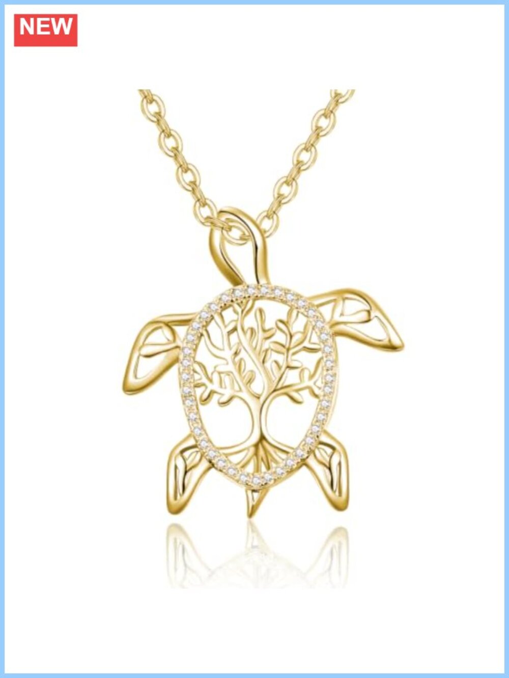 14K Gold Plated Sea Turtle Pendant Necklace Cubic Zirconia